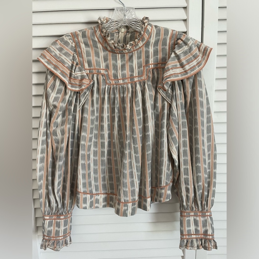 Ulla Johnson Striped Ruffle Blouse - Gray and Orange